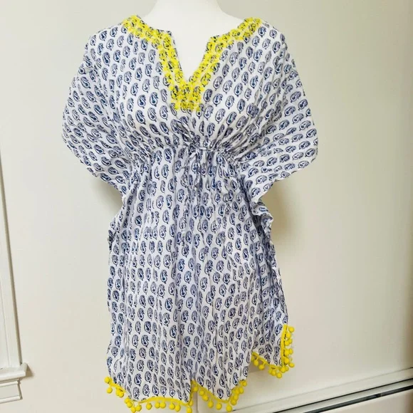 Stella & Dot blue & white paisley beach cover up. Yellow trip with pom poms. - Picture 3 of 4